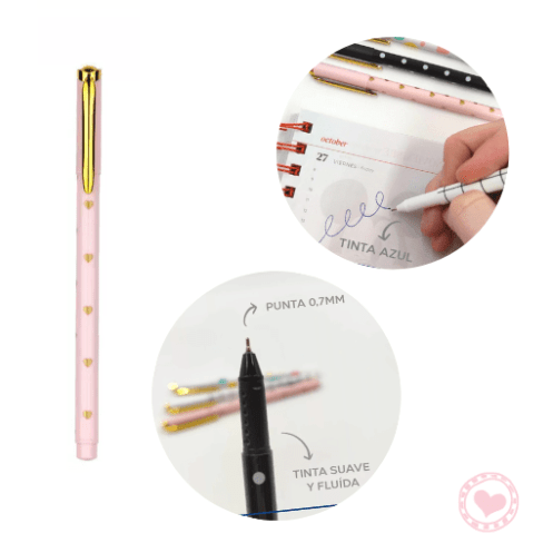 Lapicera Bolígrafo Fantasía Brw Estampado Diseño Rosa Pastel con Corazones Dorados