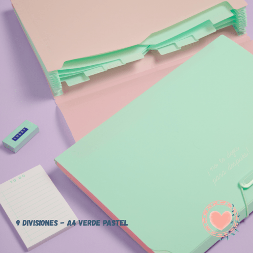 Carpeta FW A4 Clasificadora 9.Divisiones Fuelle Pastel Verde