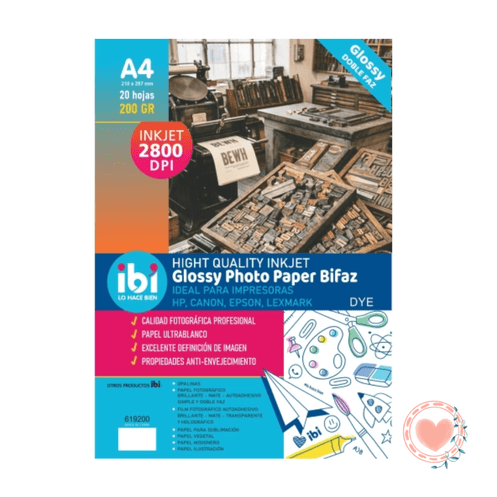 Papel Fotografico Ibi Craft A4 200grs x20 hojas Glossy Bifaz Cod. 619200